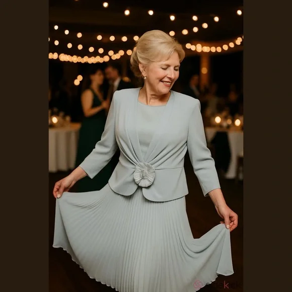 80s URSULA OF SWITZERLAND BLUE CHIFFON & SATIN DRESS W MICRO PLEAT SKIRT SZ 14W - Picture 1 of 7